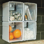 Tilt Bin Interlocking 4-Bin Organizer, Plastic, 4.63 x 4.88 x 5.5, White/Clear