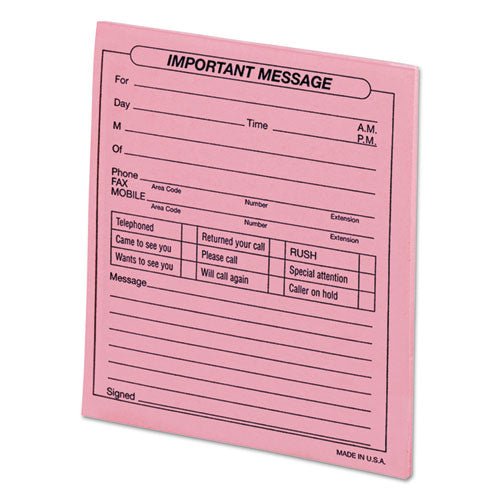 “Important Message” Pink Pads, One-Part (No Copies), 4.25 x 5.5, 50 Forms/Pad, 12 Pads/Pack