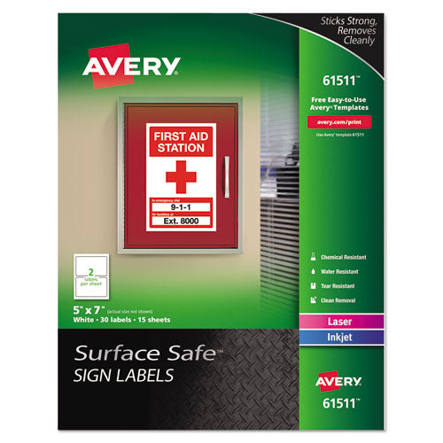 Surface Safe Removable Label Safety Signs, Inkjet/Laser Printers, 5 x 7, White, 2/Sheet, 15 Sheets/Pack