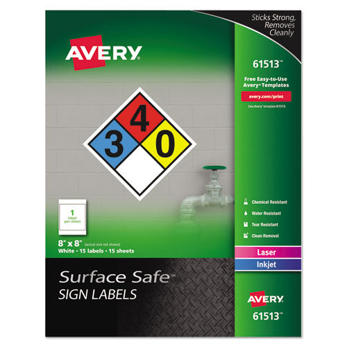 Surface Safe Removable Label Safety Signs, Inkjet/Laser Printers, 8 x 8, White, 15/Pack