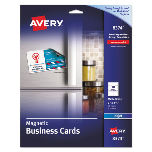 Magnetic Business Cards, Inkjet, 2 x 3.5, White, 30 Cards, 10 Cards/Sheet, 3 Sheets/Pack