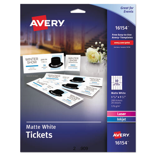 Printable Tickets w/Tear-Away Stubs, 97 Bright, 65 lb Cover Weight, 8.5 x 11, White, 10 Tickets/Sheet, 20 Sheets/Pack