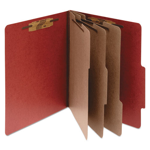 Pressboard Classification Folders, 4" Expansion, 3 Dividers, 8 Fasteners, Legal Size, Earth Red Exterior, 10/Box