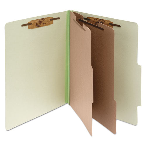 Pressboard Classification Folders, 3" Expansion, 2 Dividers, 6 Fasteners, Legal Size, Leaf Green Exterior, 10/Box