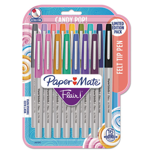 Flair Felt Tip Porous Point Pen, Stick, Extra-Fine 0.4 mm, Assorted Ink Colors, Gray Barrel, 16/Pack