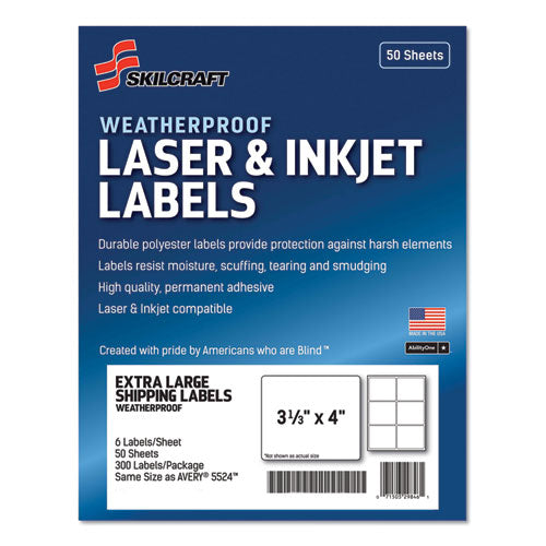 7530016736217 SKILCRAFT Weatherproof Mailing Lels, Inkjet/Laser Printers, 3.33 x 4, White, 6/Sheet, 50 Sheets/Pack