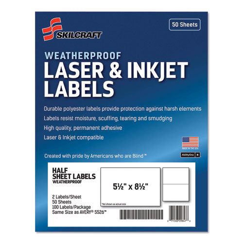 7530016736219 SKILCRAFT Weatherproof Mailing Lels, Laser Printers, 5.5 x 8.5, White, 2/Sheet, 50 Sheets/Pack