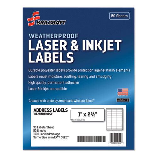 7530016736516 SKILCRAFT Weatherproof Mailing Labels, Laser Printers, 1 x 2.63, White, 30/Sheet, 50 Sheets/Box