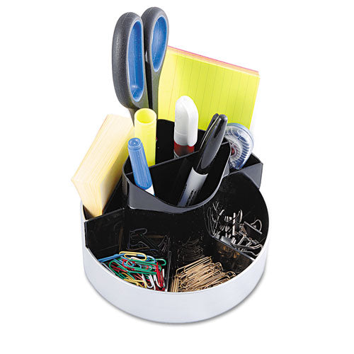 Rotating Desk Organizer, 8 Compartments, Plastic, 6 x 5.75 x 4.5, Black/Silver