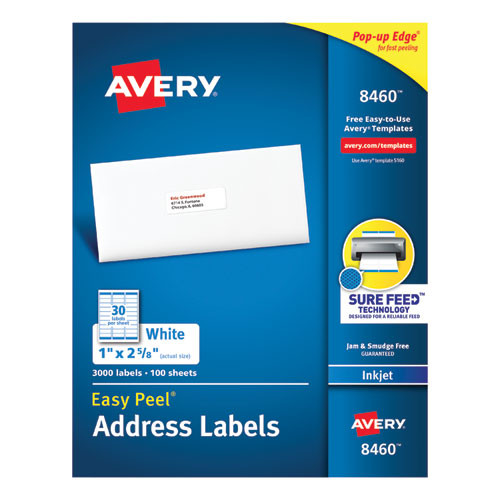 Easy Peel White Address Labels w/ Sure Feed Technology, Inkjet Printers, 1 x 2.63, White, 30/Sheet, 100 Sheets/Box