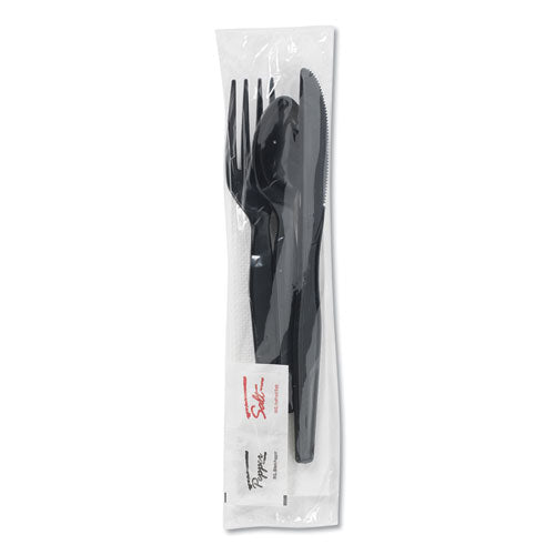 Wrapped Tableware/Napkin Packets, Fork/Knife/Spoon/Napkin, Black, 250/Carton