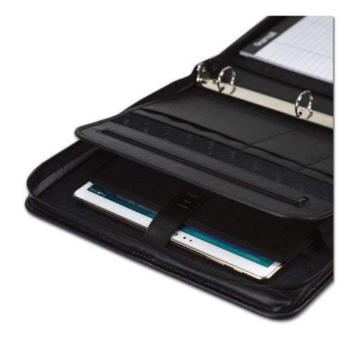 Professional Zippered Pad Holder/Ring Binder, Pockets, Writing Pad, Vinyl Black