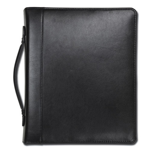 Leather Multi-Ring Zippered Portfolio, Two-Part, 1" Cap, 11 x 13 1/2, Black