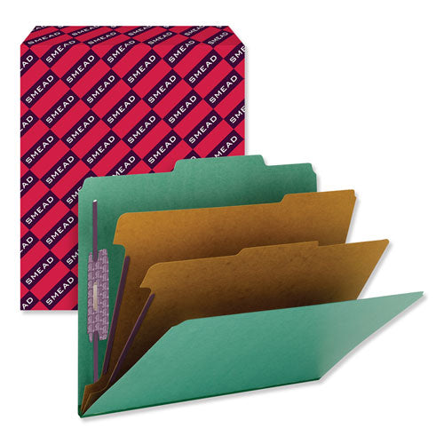 Six-Section Pressboard Top Tab Classification Folders, Six SafeSHIELD Fasteners, 2 Dividers, Letter Size, Green, 10/Box