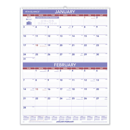 Two-Month Wall Calendar, 22 x 29, White/Blue/Red Sheets, 12-Month (Jan to Dec): 2024