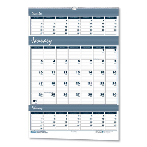 Bar Harbor Recycled Wirebound 3-Months-per-Page Wall Calendar, 15.5 x 22, White/Blue/Gray Sheets, 14-Month(Dec-Jan):2023-2025