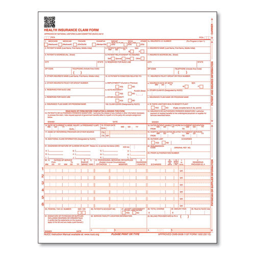 CMS-1500 Health Insurance Claim Form, One-Part (No Copies), 8.5 x 11, 250 Forms Total