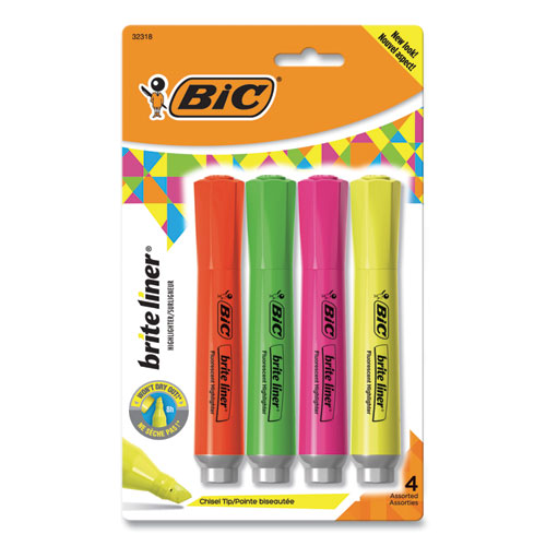 Brite Liner Tank-Style Highlighter, Assorted Ink Colors, Chisel Tip, Assorted Barrel Colors, 4/Set