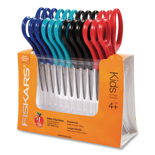 Kids Scissors Classpack, Pointed Tip, 5" Long, 1.75" Cut Length, Straight Handles, Assorted Colors, 12/Pack
