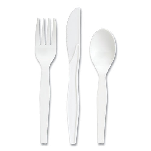 Mediumweight Plastic Cutlery, Fork/Knife/Teaspoon, White, 100 Sets/Pack