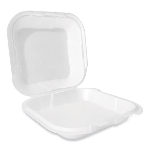 Foam Hinged Lid Container, Secure Two Tab Latch, Poly Bag, 9 x 9 x 3, White, 100/Bag, 2 Bags/Carton