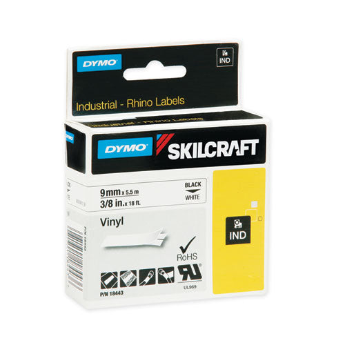 7530016874770 Dymo/SKILCRAFT Industrial Rhino Thermal Vinyl Label Tape Cassettes, 0.38" x 18 ft, Black on White