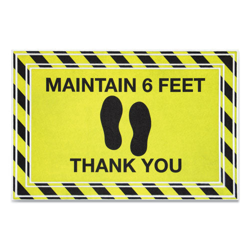 Message Floor Mats, 24 x 36, Black/Yellow, "Maintain 6 Feet Thank You"