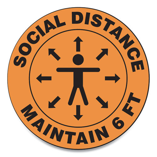 Slip-Gard Social Distance Floor Signs, 12" Circle, "Social Distance Maintain 6 ft", Human/Arrows, Orange, 25/Pack