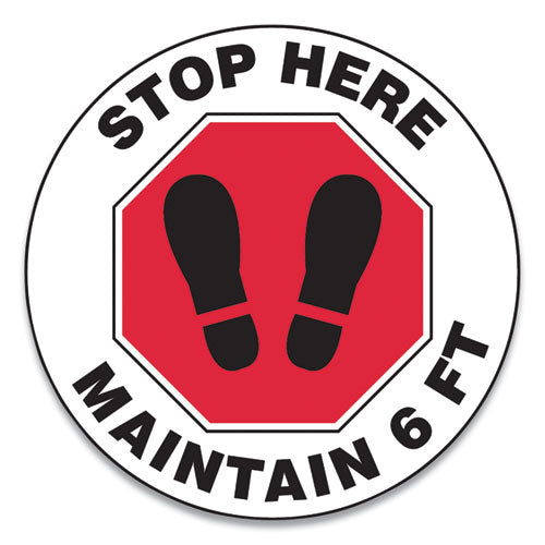 Slip-Gard Social Distance Floor Signs, 17" Circle, "Stop Here Maintain 6 ft", Footprint, Red/White, 25/Pack