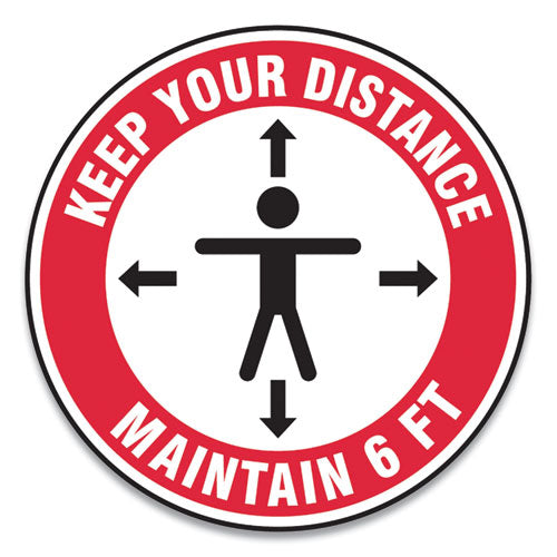 Slip-Gard Social Distance Floor Signs, 12" Circle, "Keep Your Distance Maintain 6 ft", Human/Arrows, Red/White, 25/Pack