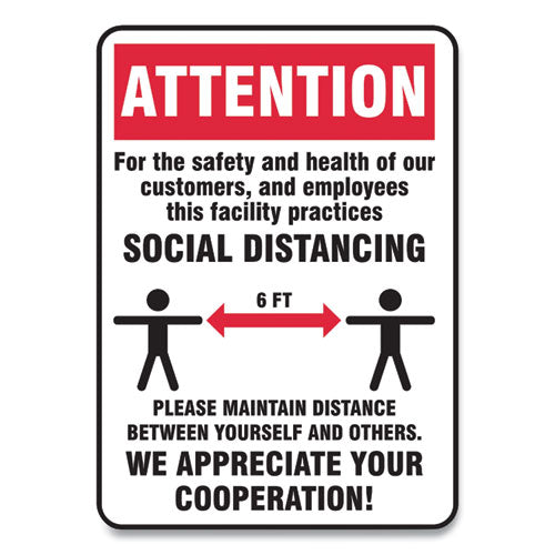 Social Distance Signs, Wall, 10 x 14, Customers and Employees Distancing, Humans/Arrows, Red/White, 10/Pack