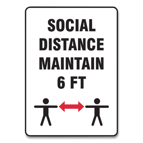 Social Distance Signs, Wall, 10 x 14, "Social Distance Maintain 6 ft", 2 Humans/Arrows, White, 10/Pack