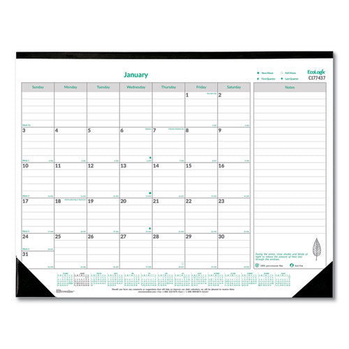 EcoLogix Monthly Desk Pad Calendar, 22 x 17, White/Green Sheets, Black Binding/Corners, 12-Month (Jan to Dec): 2024