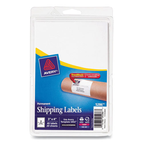Shipping Lels with TrueBlock Technology, Inkjet/Laser Printers, 4 x 3, White, 2/Sheet, 20 Sheets/Pack