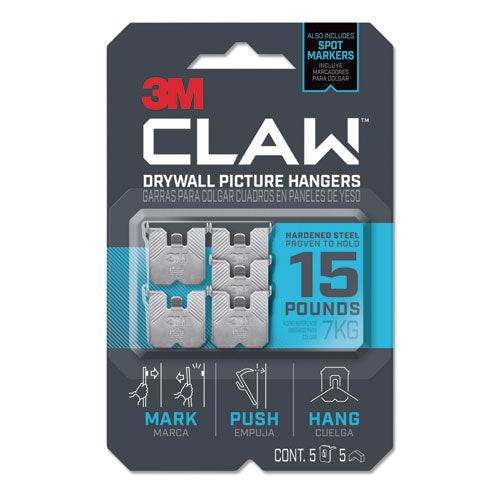 Claw Drywall Picture Hanger, Stainless Steel, 15 lb Capacity, 5 Hooks and 5 Spot Markers