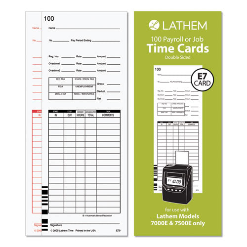 Time Clock Cards for Lathem Time 7000E/7500E, Two Sides, 3.38 x 8.78, 100/Pack