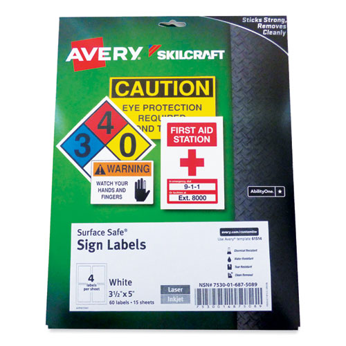 7530016875089 SKILCRAFT/AVERY Surface Safe Sign Labels, 3.5 x 5, White, 4/Sheet, 15 Sheets/Box, 12 Boxes/Carton