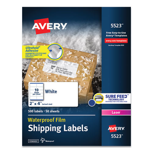 Waterproof Shipping Labels with TrueBlock and Sure Feed, Laser Printers, 2 x 4, White, 10/Sheet, 50 Sheets/Pack