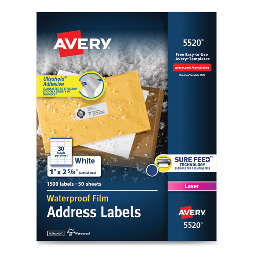 Waterproof Address Labels with TrueBlock and Sure Feed, Laser Printers, 1 x 2.63, White, 30/Sheet, 50 Sheets/Pack