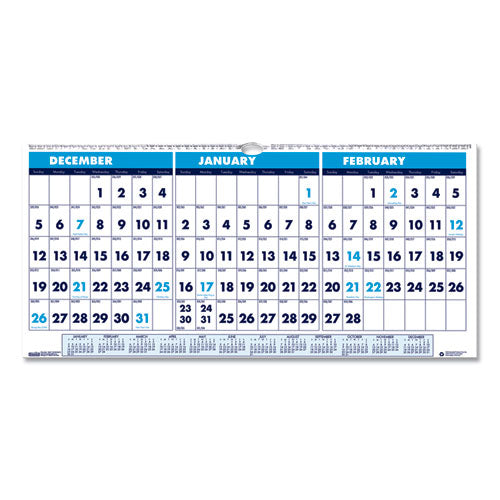 Recycled Three-Month Format Wall Calendar, Horizontal Orientation, 17 x 8, White Sheets, 14-Month (Dec to Jan): 2023 to 2025