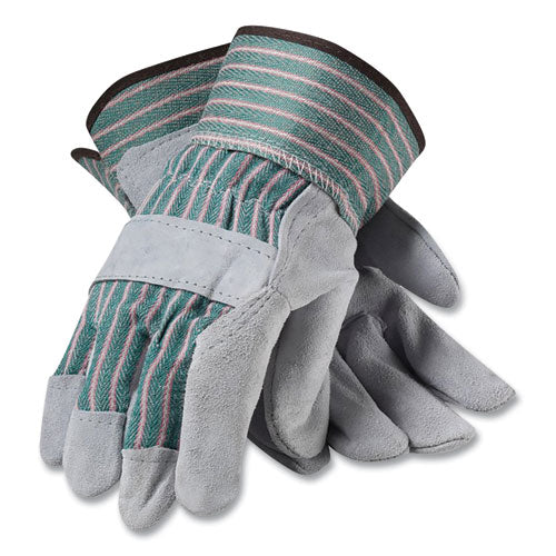 Bronze Series Leather/Fabric Work Gloves, Large (Size 9), Gray/Green, 12 Pairs