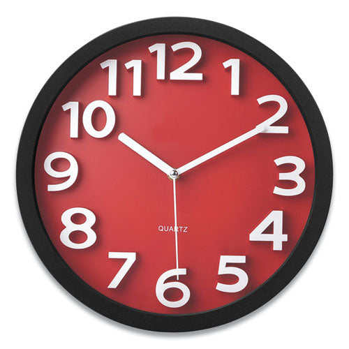 Wall Clock with Raised Numerals and Silent Sweep Dial, 13" Overall Diameter, Black Case, Red Face, 1 AA (sold separately)