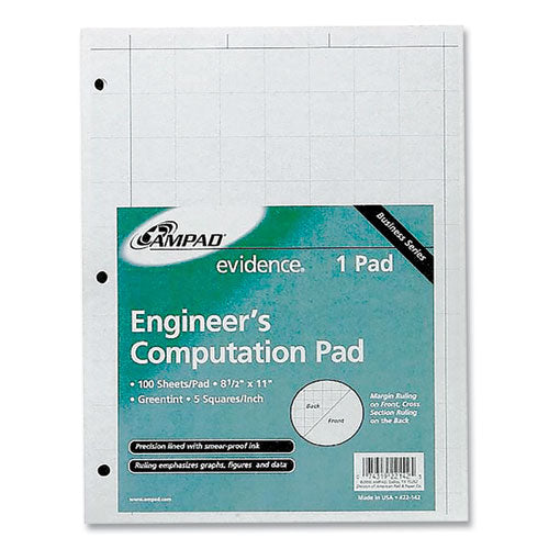 Evidence Engineer's Computation Pad, Cross-Section Quadrille Rule (5 sq/in, 1 sq/in), 100 Green-Tint 8.5 x 11 Sheets