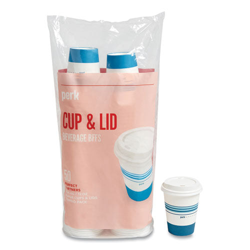 Paper Hot Cup and Plastic Dome Lid Combo, 12 oz, White/Blue, 50 Sets/Pack