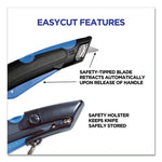 Easycut Self-Retracting Cutter with Safety-Tip Blade, Holster and Lanyard, 6" Plastic Handle, Black/Blue