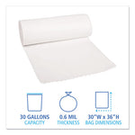 Low-Density Waste Can Liners, 30 gal, 0.6 mil, 30" x 36", White, 25 Bags/Roll, 8 Rolls/Carton