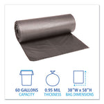 Low-Density Waste Can Liners, 60 gal, 0.95 mil, 38" x 58", Gray, 25 Bags/Roll, 4 Rolls/Carton