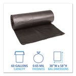 Low-Density Waste Can Liners, 60 gal, 0.65 mil, 38" x 58", Black, 25 Bags/Roll, 4 Rolls/Carton