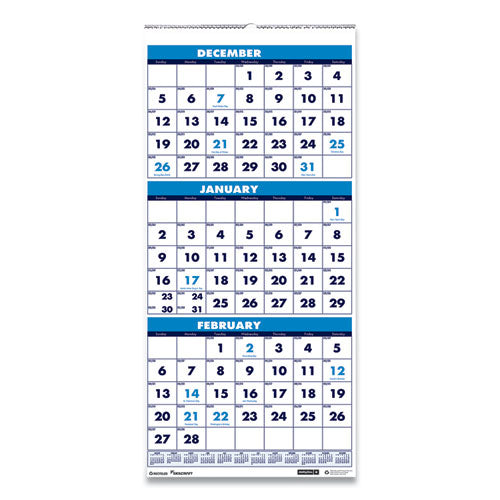 7510016828099 SKILCRAFT Wirebound 3-Month-View Vertical Wall Calendar, 12.25 x 26, White/Blue, 14-Month (Dec-Jan): 2023-2025