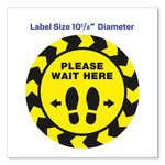 Social Distancing Floor Decals, 10.5" dia, Please Wait Here, Yellow/Black Face, Black Graphics, 5/Pack